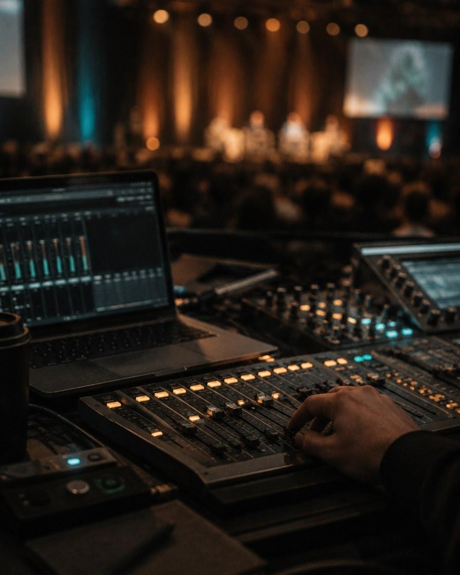 A conference sound desk with a laptop and glowing mixer faders in teal light