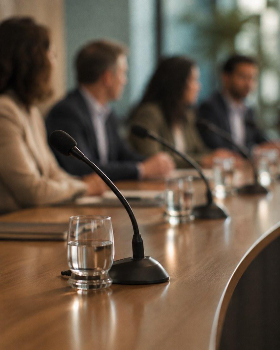 A panel table with an individual microphone at each seat, in teal light