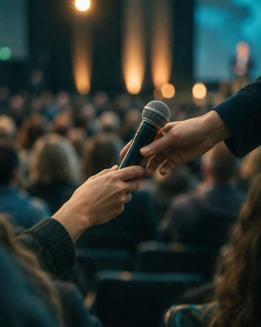 A handheld microphone passed between hands during audience Q&A, in teal light