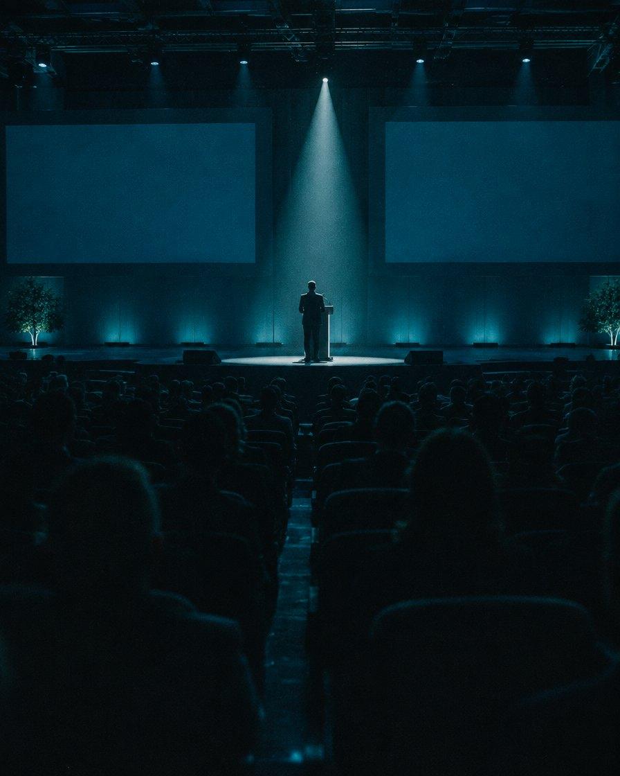A speaker on a conference stage lit by a single beam of light