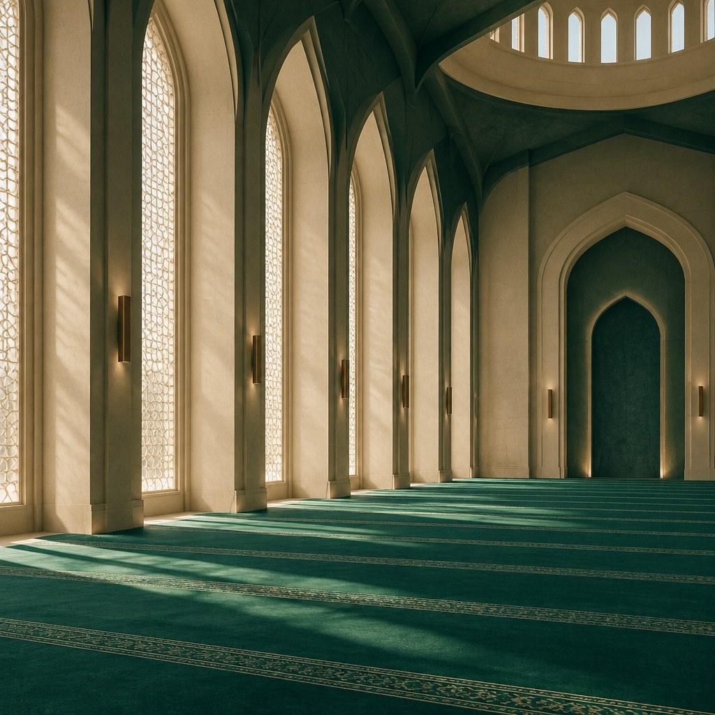 A serene mosque interior with tall slender arches and green carpet