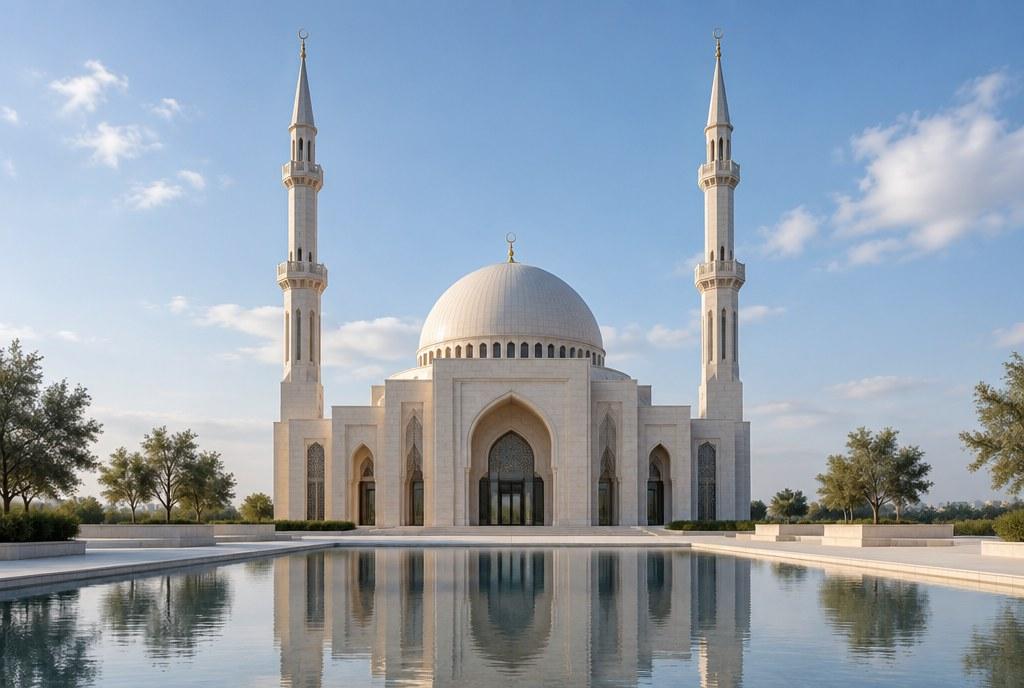 A contemporary mosque courtyard in soft morning light