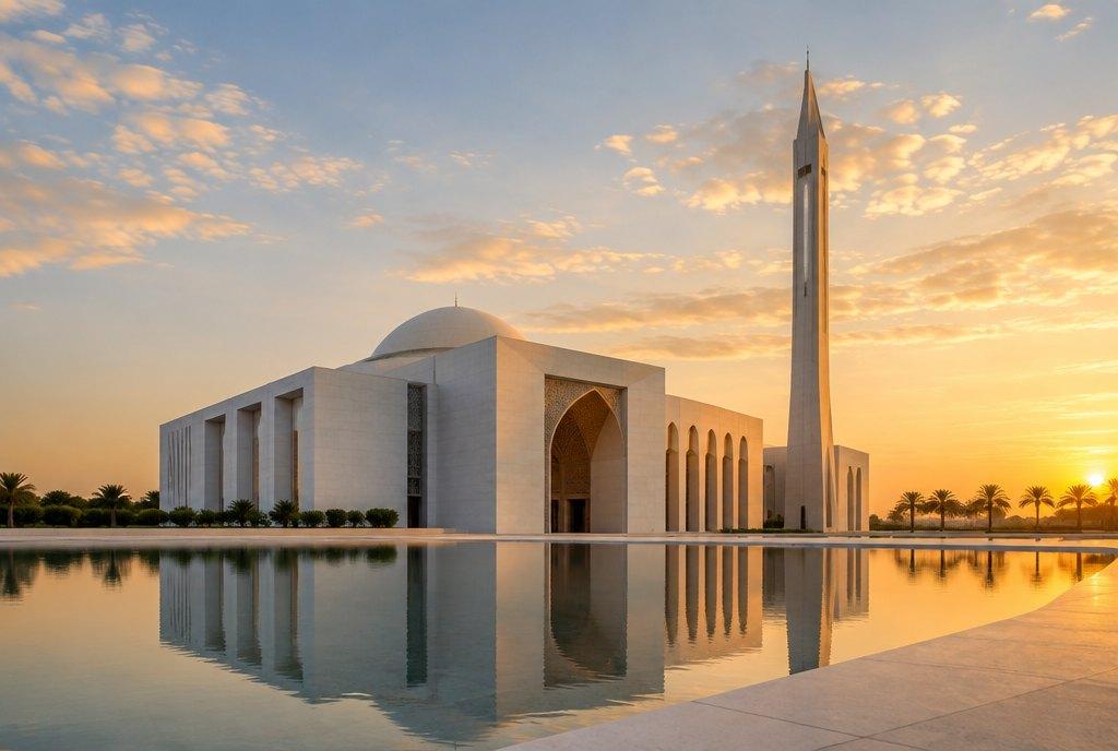 Contemporary mosque exterior at golden hour with a reflecting pool