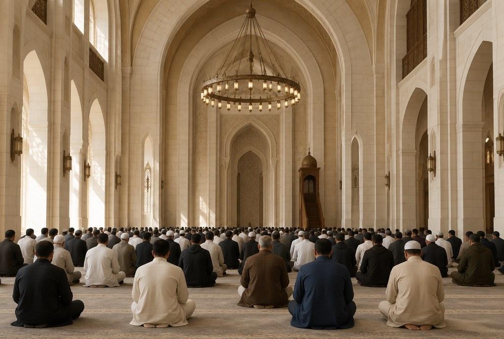 Worshippers seated in a grand mosque prayer hall, seen from behind, in emerald light