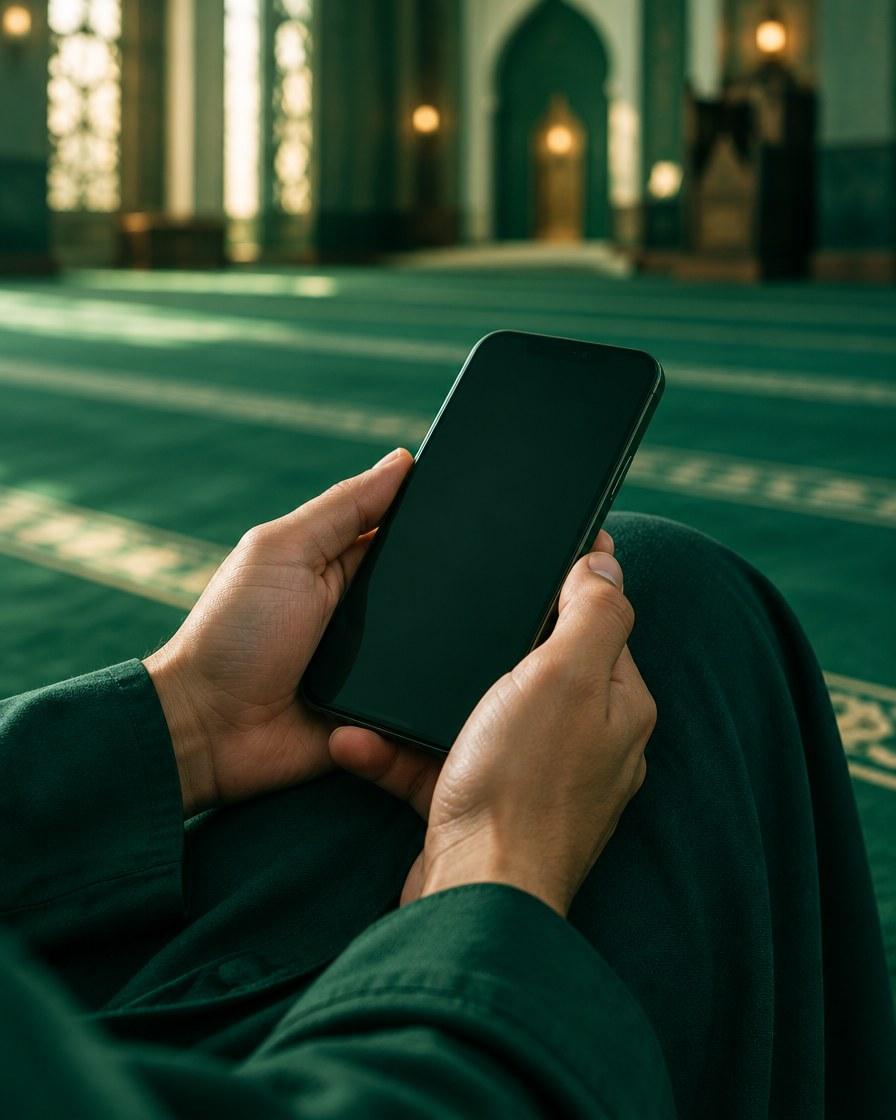 Hands holding a phone on a knee in a prayer hall