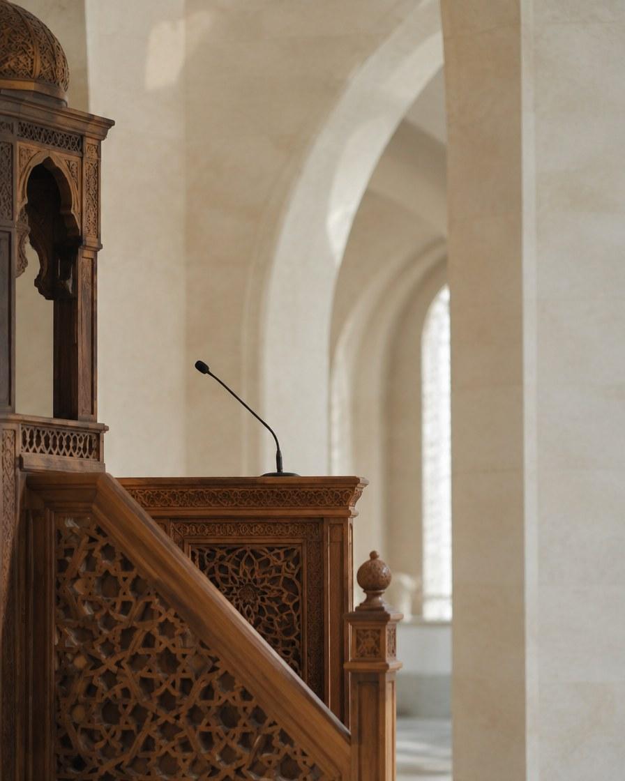A wooden minbar and a slim microphone in emerald light