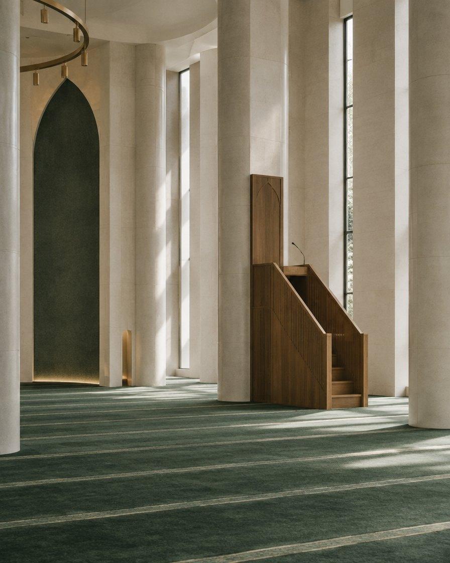 Minbar with a microphone inside a light-filled contemporary mosque