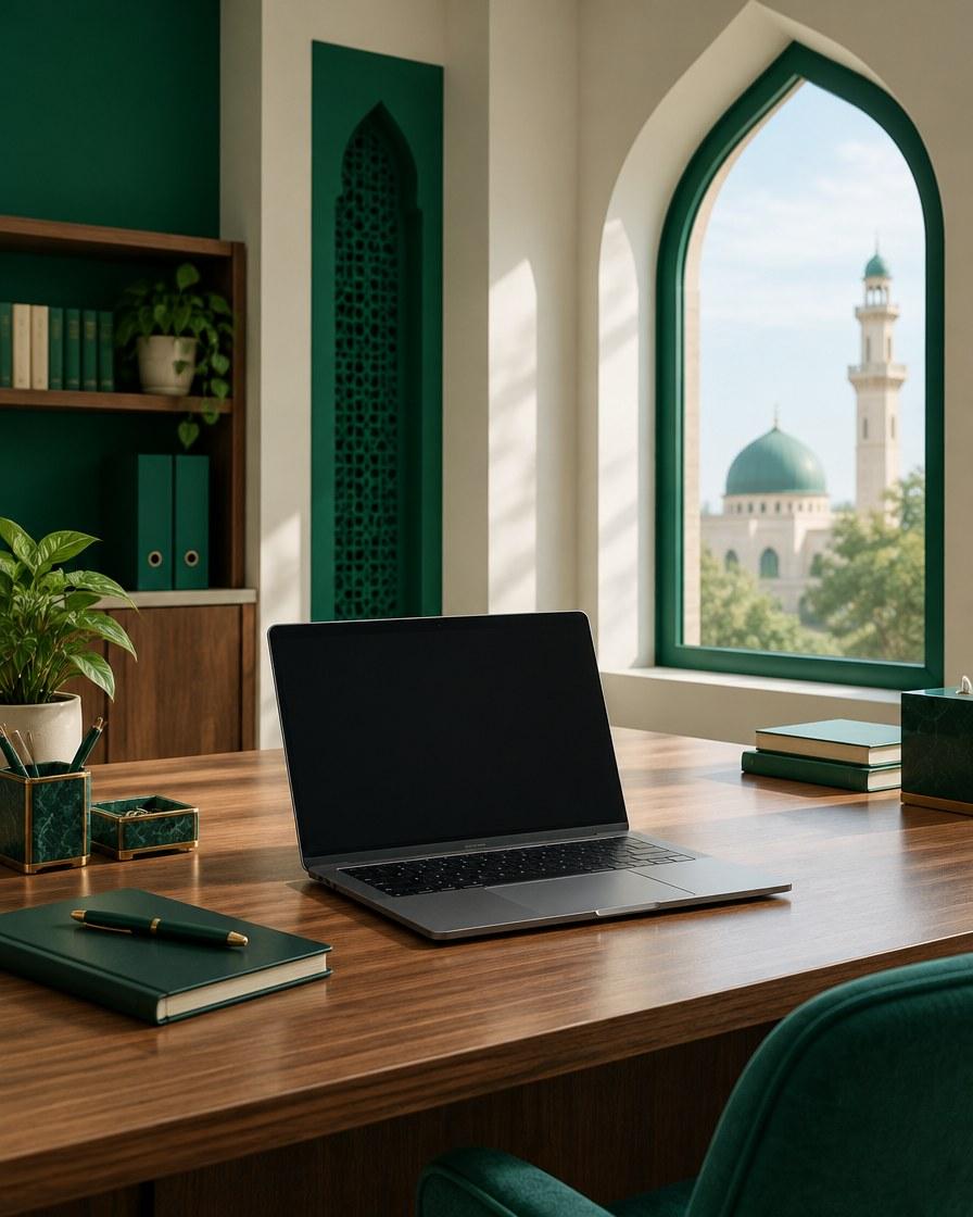 A laptop on a desk beside a pointed-arch window in a mosque office